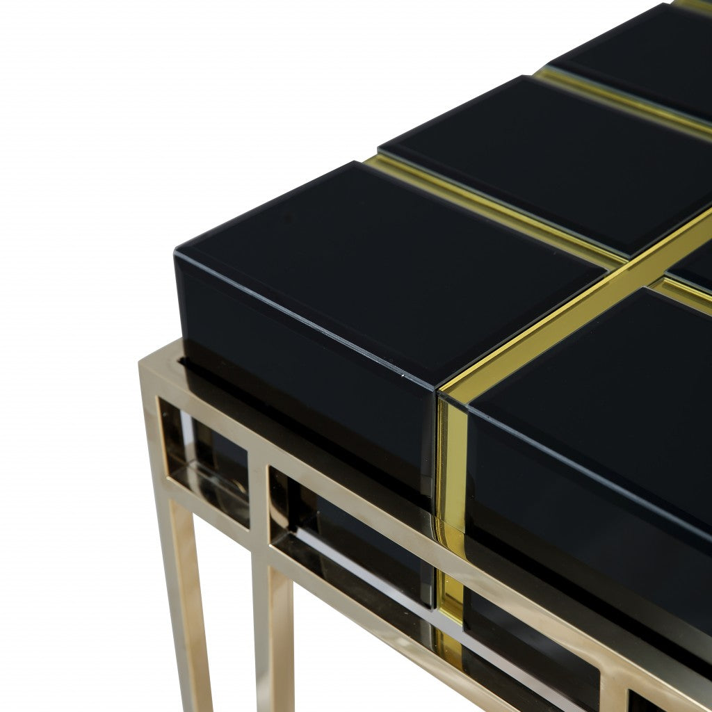 47" Black and Gold Mirrored Glass Console Table