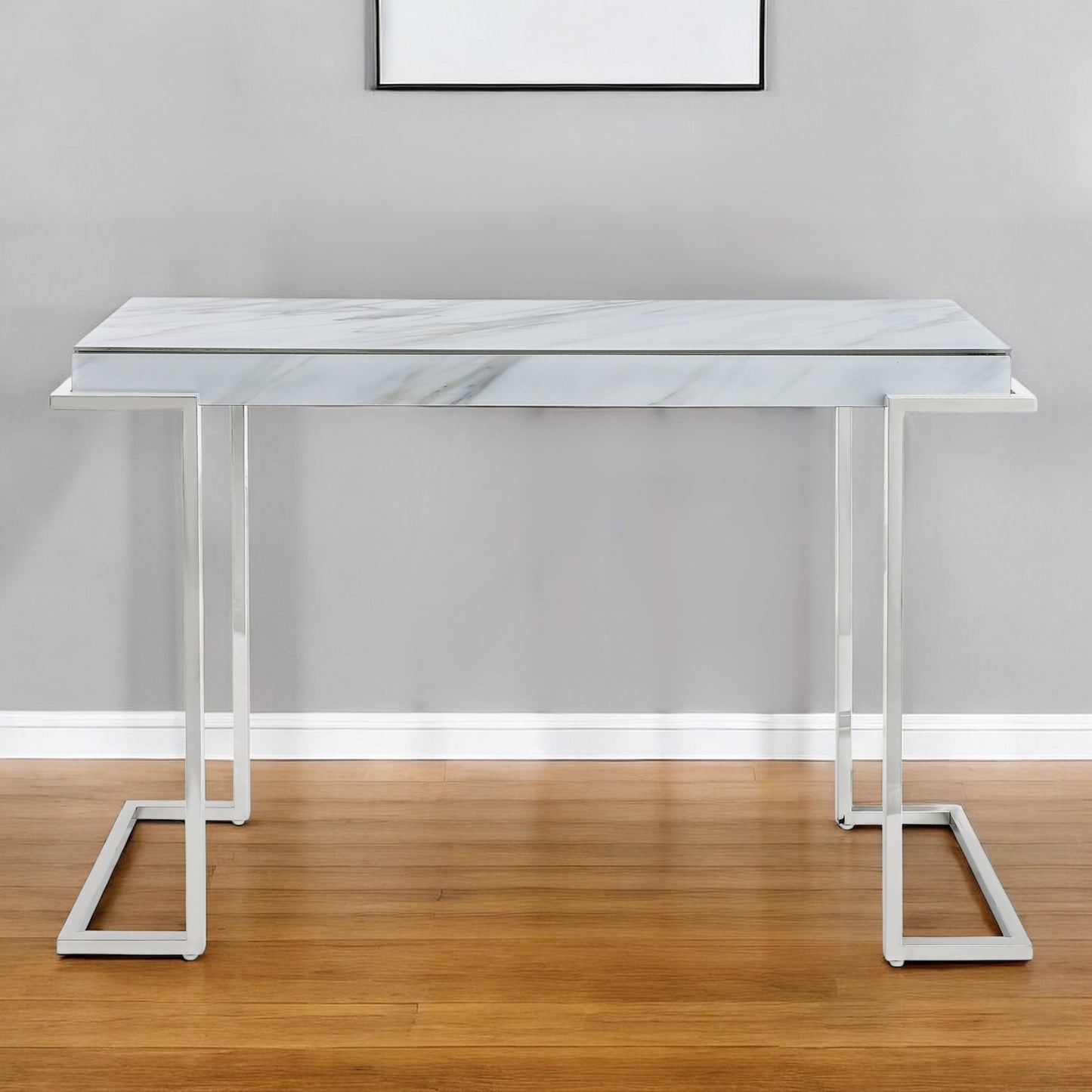 46" White and Silver Genuine Marble Sled Console Table