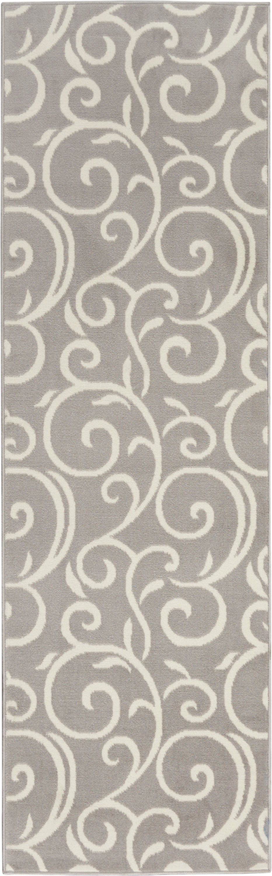 Gray runner rug with white ornate swirling scroll damask pattern and soft texture.