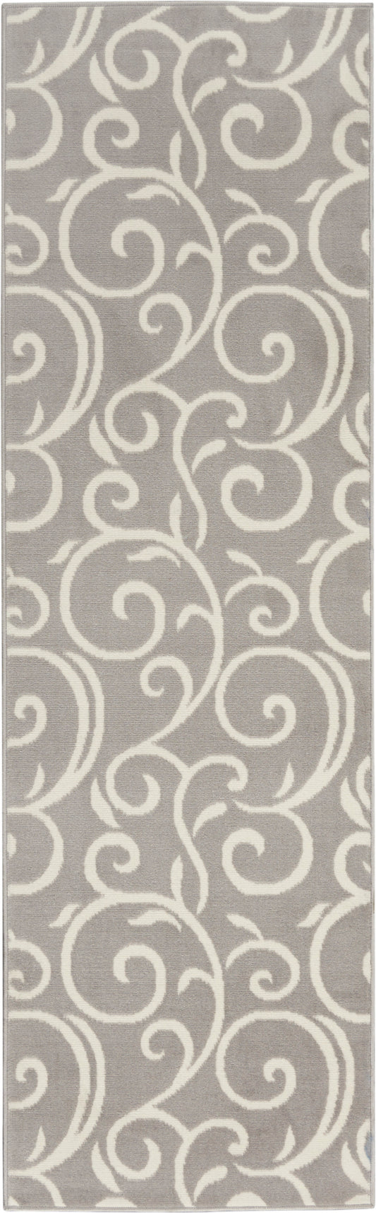 Gray runner rug with white ornate swirling scroll damask pattern and soft texture.