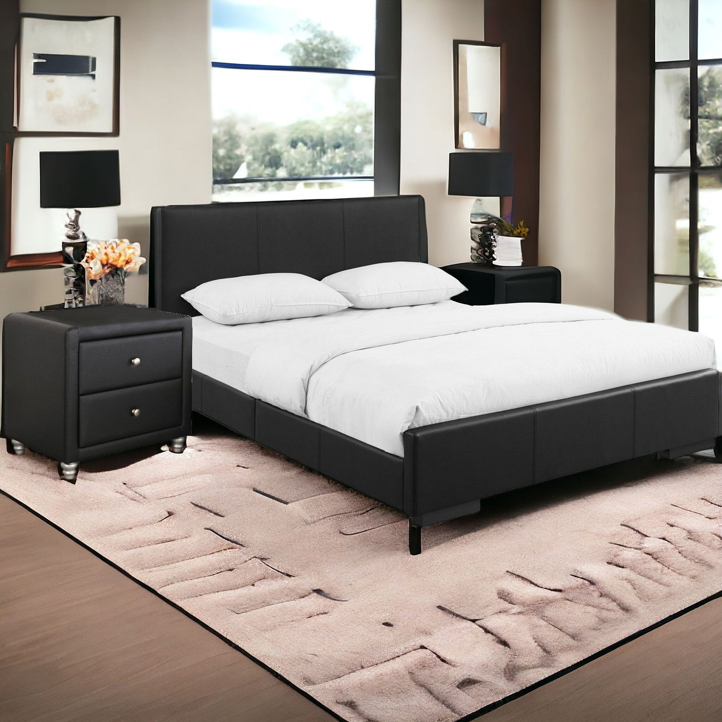 Solid Manufactured Wood Black Standard Bed Upholstered With Headboard