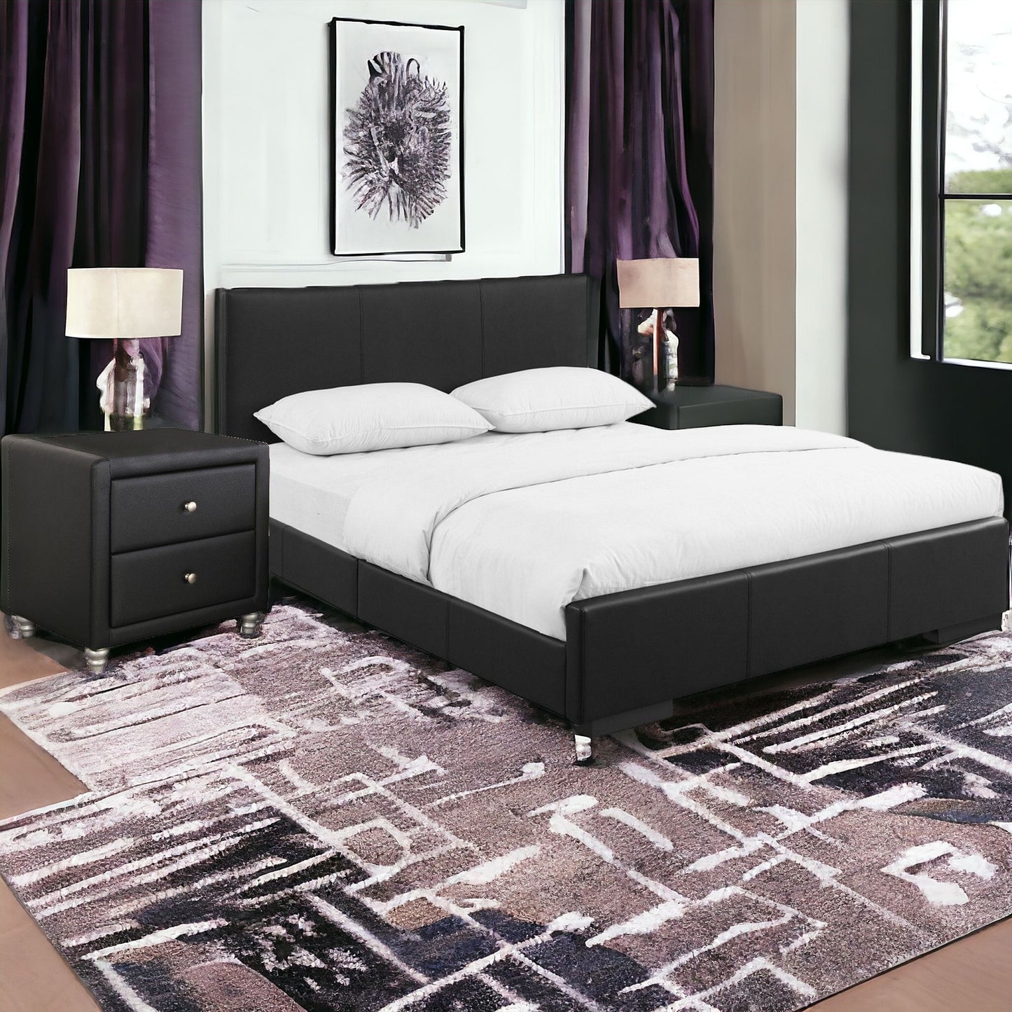 Solid Manufactured Wood Black Standard Bed Upholstered With Headboard