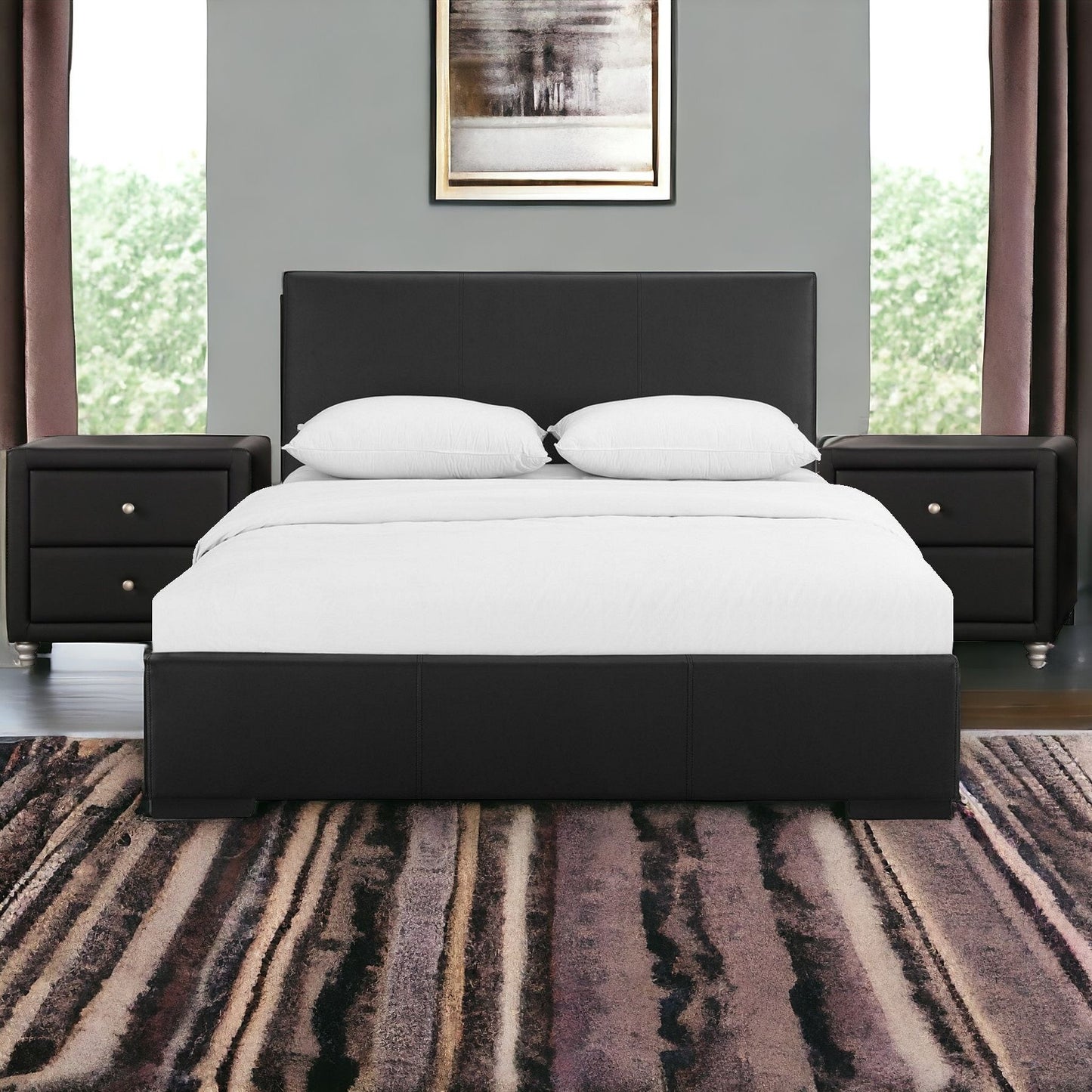 Solid Manufactured Wood Black Standard Bed Upholstered With Headboard