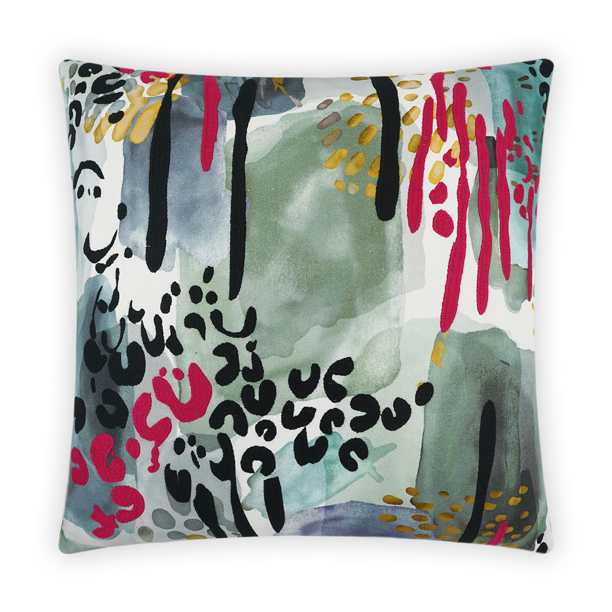 Abstract watercolor pillow with teal and green hues, bold black and pink brushstrokes and gold accents.