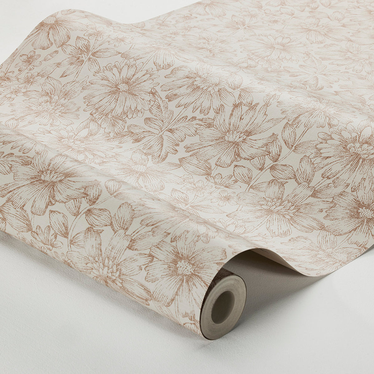 Beige wallpaper roll with brown botanical line art & paper texture; vintage floral wall decor for living spaces.