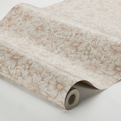 Beige wallpaper roll with brown botanical line art & paper texture; vintage floral wall decor for living spaces.