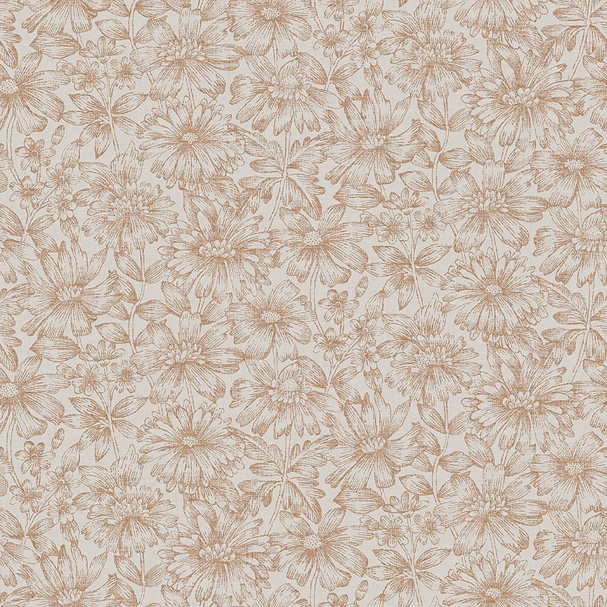 Beige floral wallpaper with large daisy-like flowers and leafy vines.