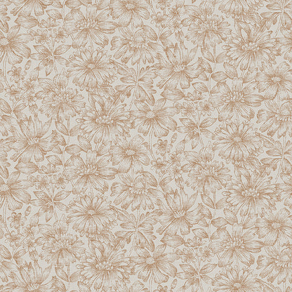 Beige floral wallpaper with large daisy-like flowers and leafy vines.
