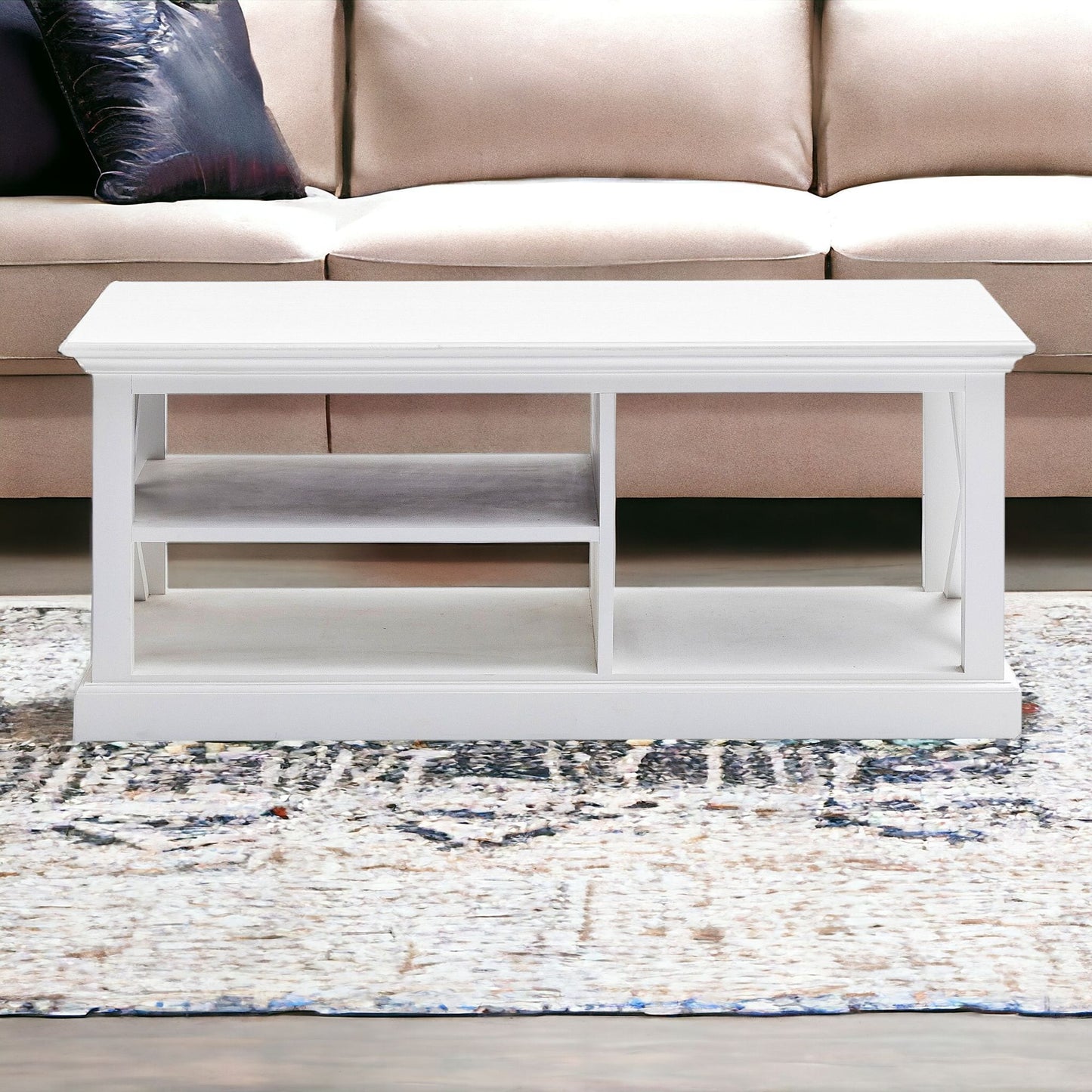 47" White Solid Wood And Solid And Manufactured Wood Coffee Table With Three Shelves