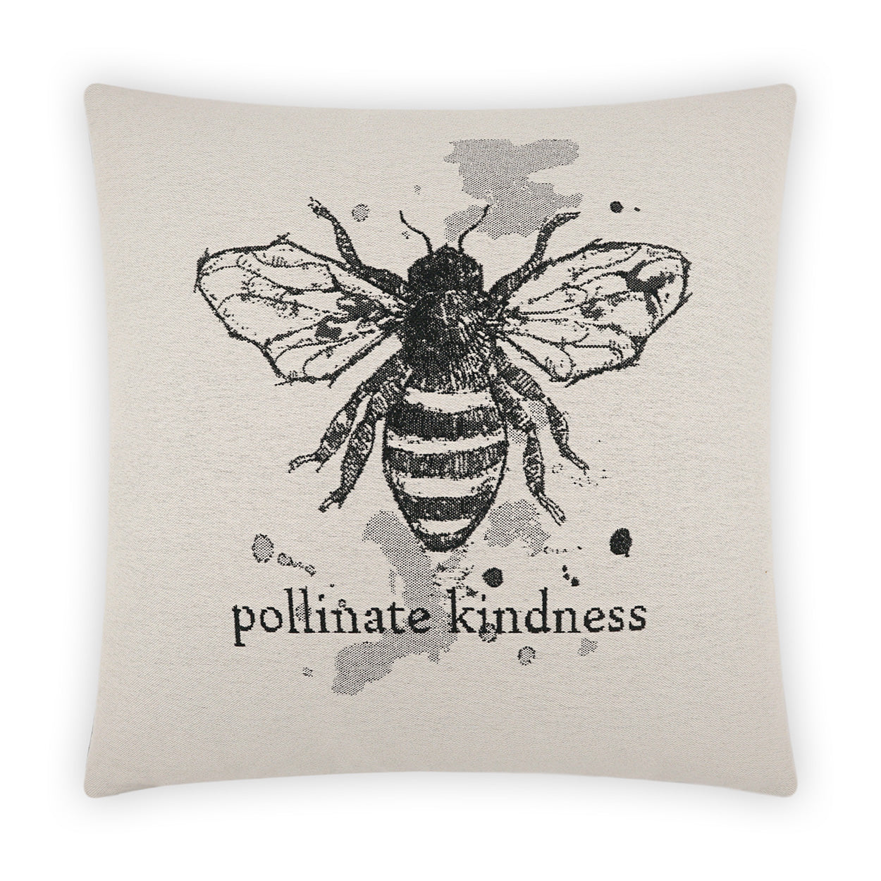 Beige linen-look pillow with a black hand-drawn bee, ink splatters, and 'pollinate kindness' text.