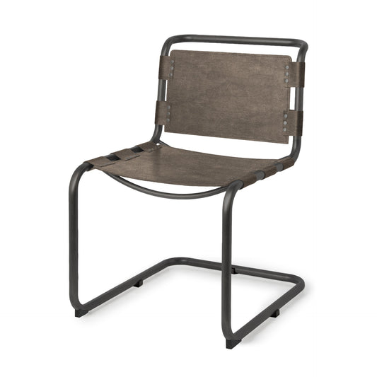 Brown And Black Leather Metal Open Back Dining Side Chair