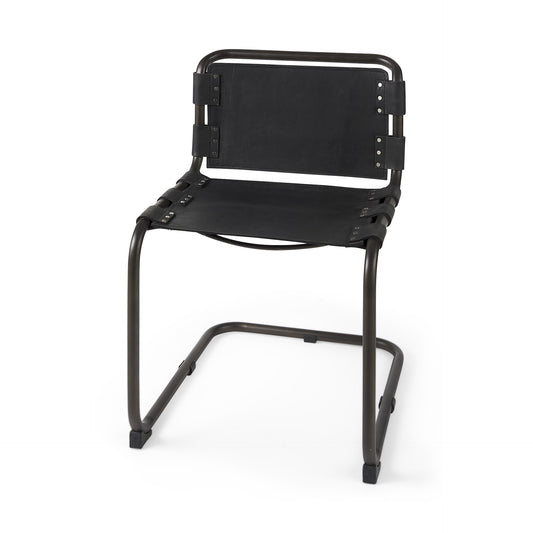 Black Leather Metal Open Back Dining Side Chair