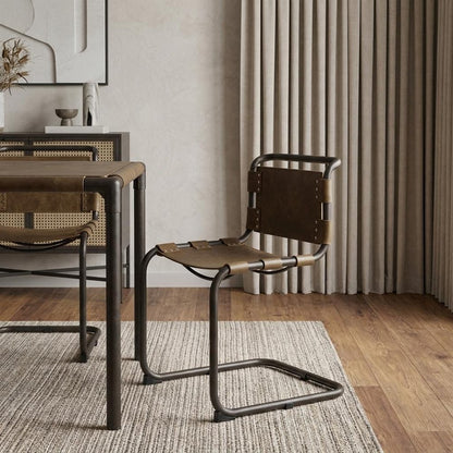 Brown And Black Leather Metal Open Back Dining Side Chair