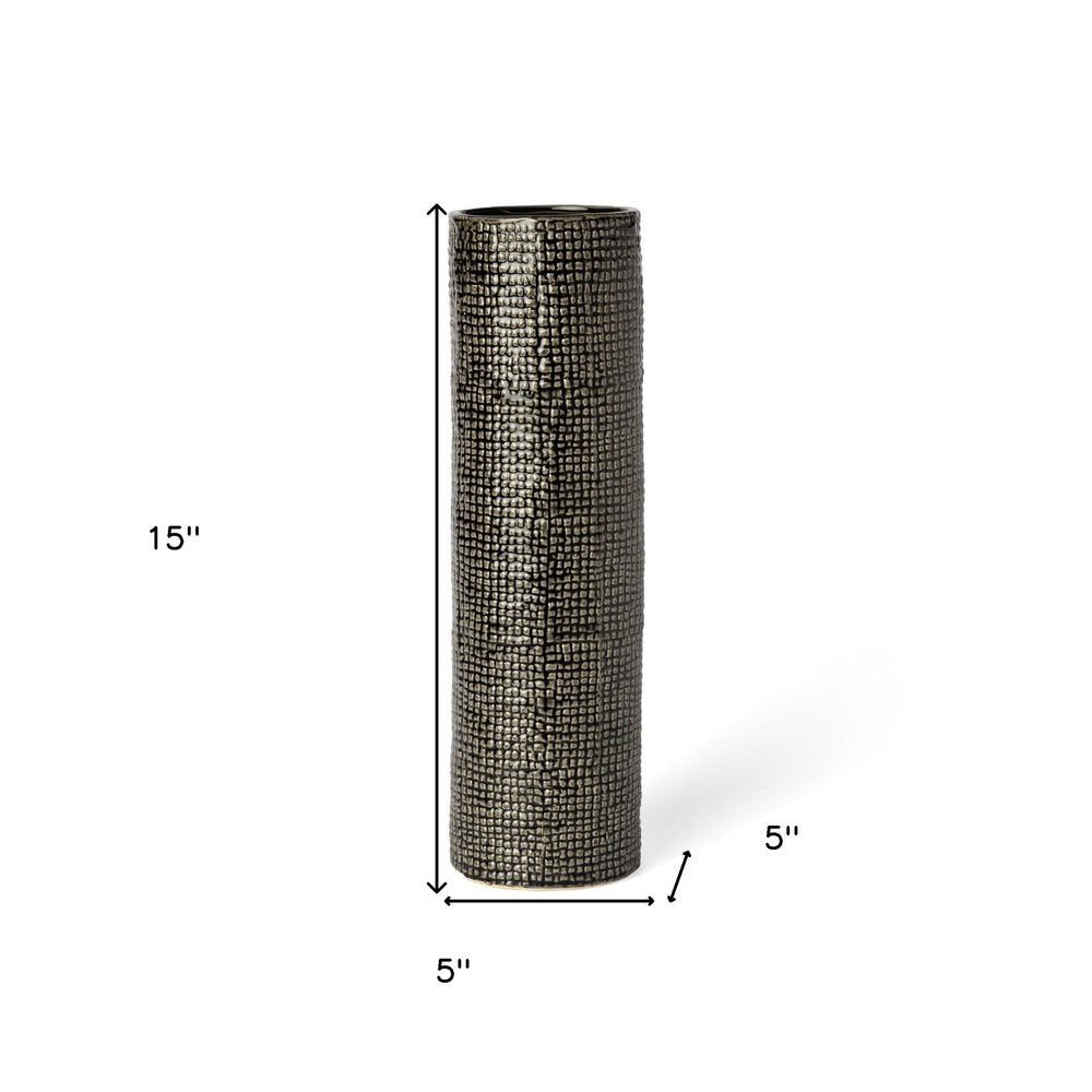 15" Black And Gold Abstract Cylinder Ceramic Table Vase
