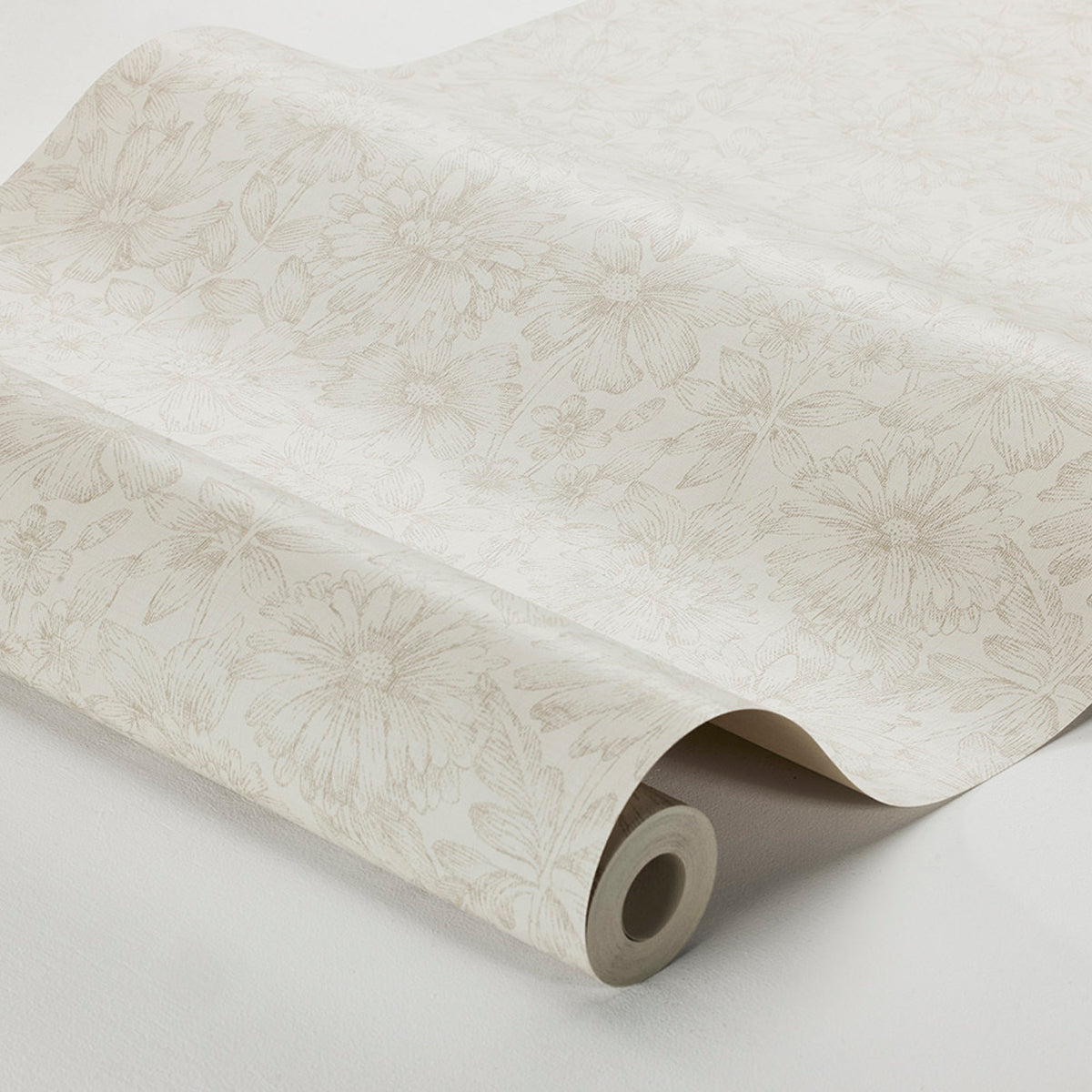 Cream wallpaper roll featuring a pale beige floral pattern; subtle, elegant daisies for walls.