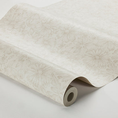 Cream wallpaper roll featuring a pale beige floral pattern; subtle, elegant daisies for walls.