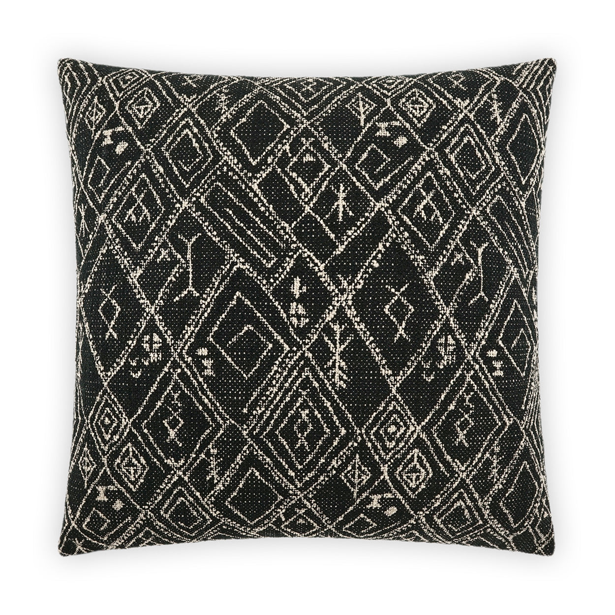 Black woven pillow with cream geometric diamond tribal pattern; square decorative pillow for boho living room