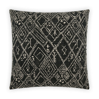 Black woven pillow with cream geometric diamond tribal pattern; square decorative pillow for boho living room
