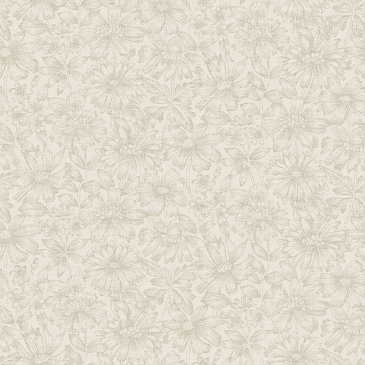 Beige-on-cream floral wallpaper with detailed daisies and leafy vines, subtle textured pattern.