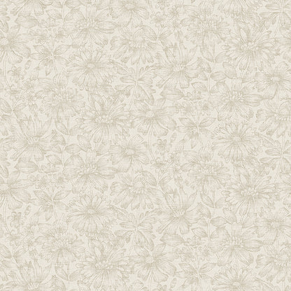 Beige-on-cream floral wallpaper with detailed daisies and leafy vines, subtle textured pattern.