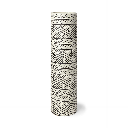 17" Cream and Charcoal Geometric Cylinder Ceramic Vase