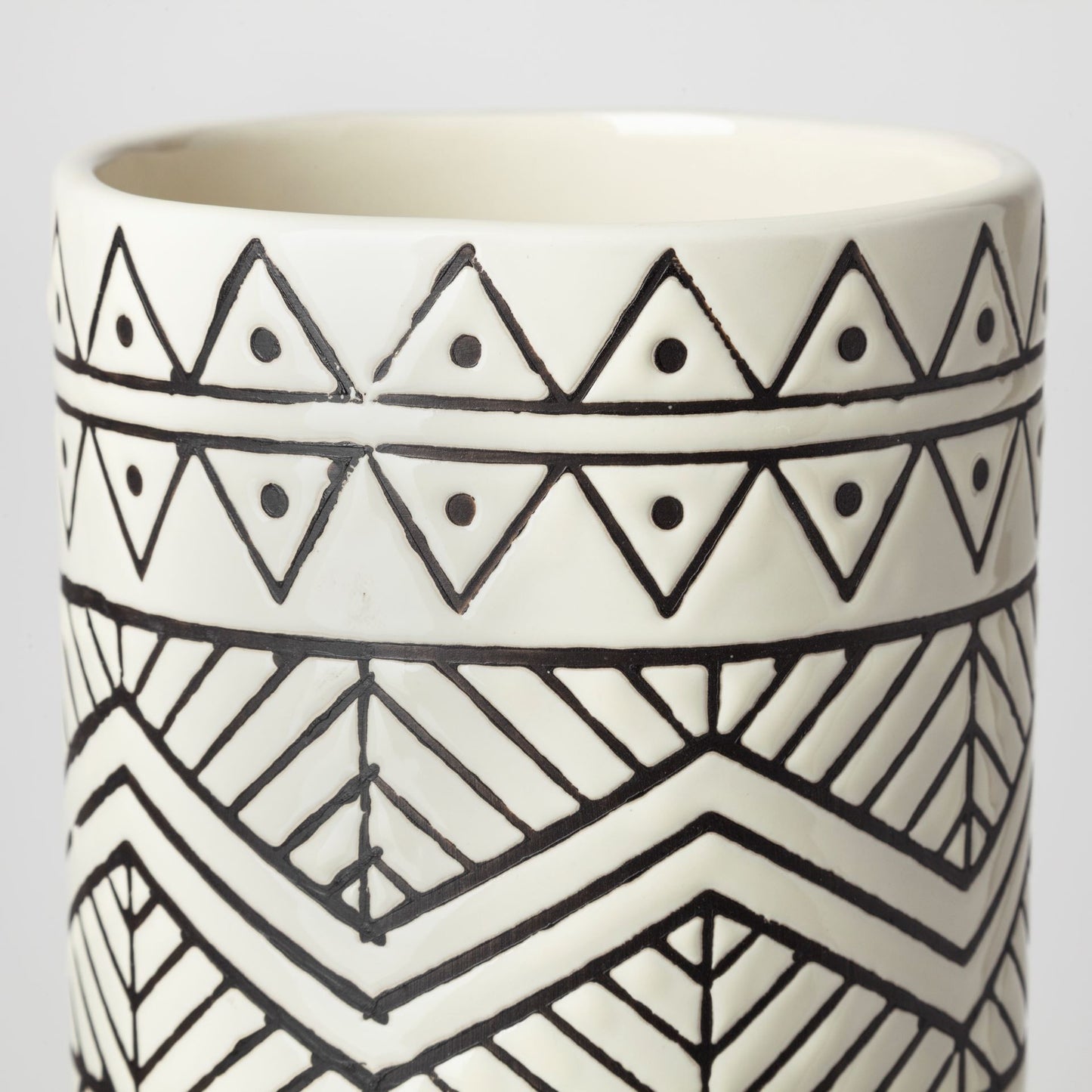 17" Cream and Charcoal Geometric Cylinder Ceramic Vase