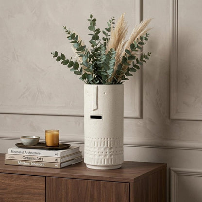 14" White Abstract Cylinder Ceramic Table Vase