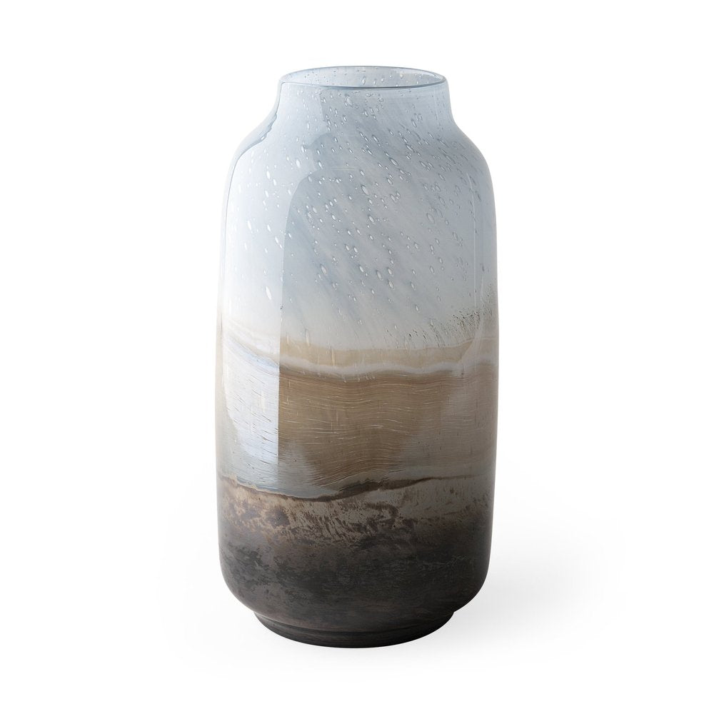 15" Blue And Beige Abstract Cylinder Crystal Glass Table Vase