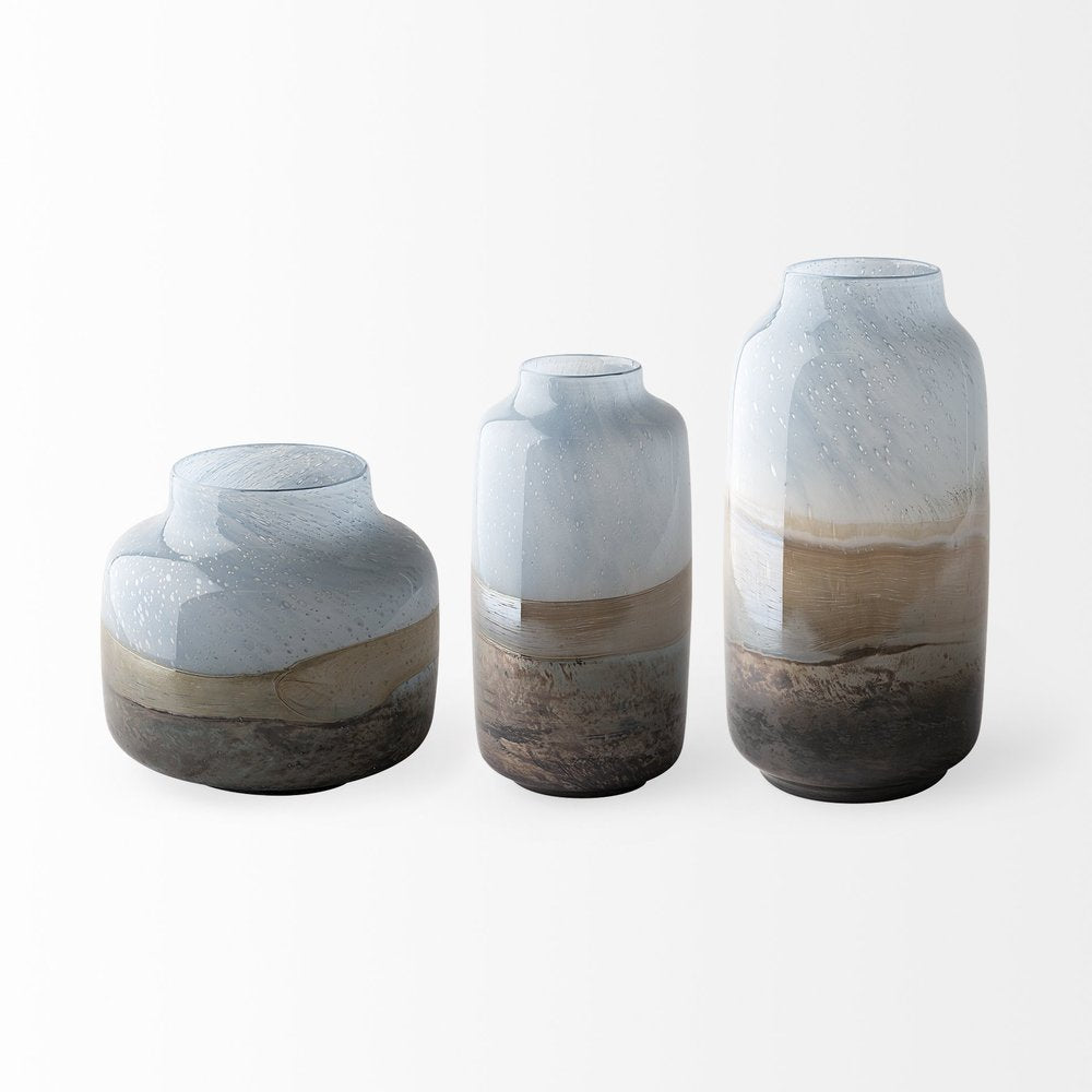 15" Blue And Beige Abstract Cylinder Crystal Glass Table Vase