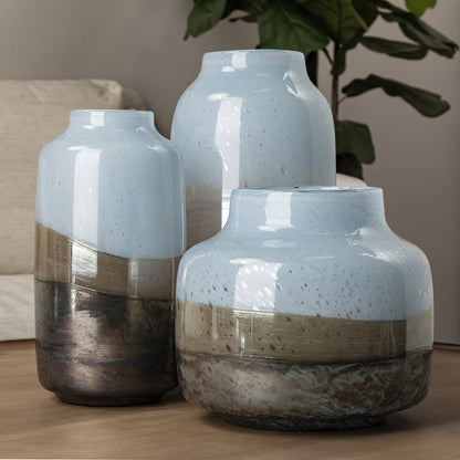 15" Blue And Beige Abstract Cylinder Crystal Glass Table Vase