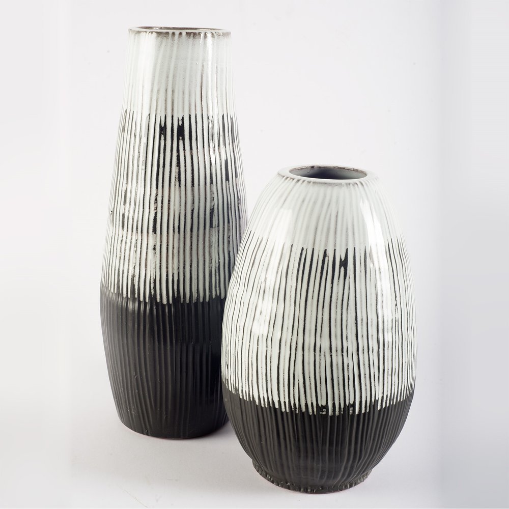 13" Black Gray And White Abstract Cylinder Ceramic Table Vase