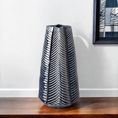 16" Navy Blue And White Abstract Ceramic Table Vase