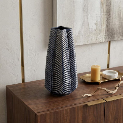 16" Navy Blue And White Abstract Ceramic Table Vase