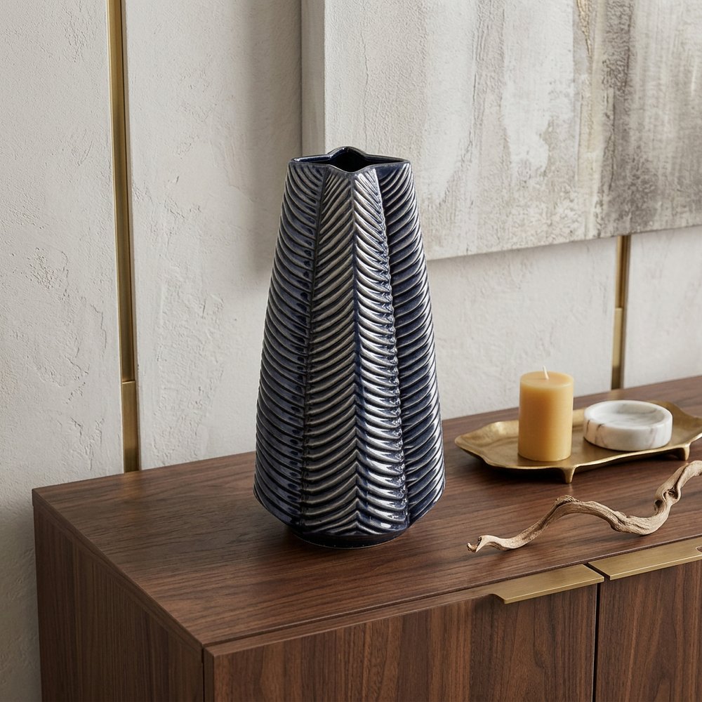 16" Navy Blue And White Abstract Ceramic Table Vase