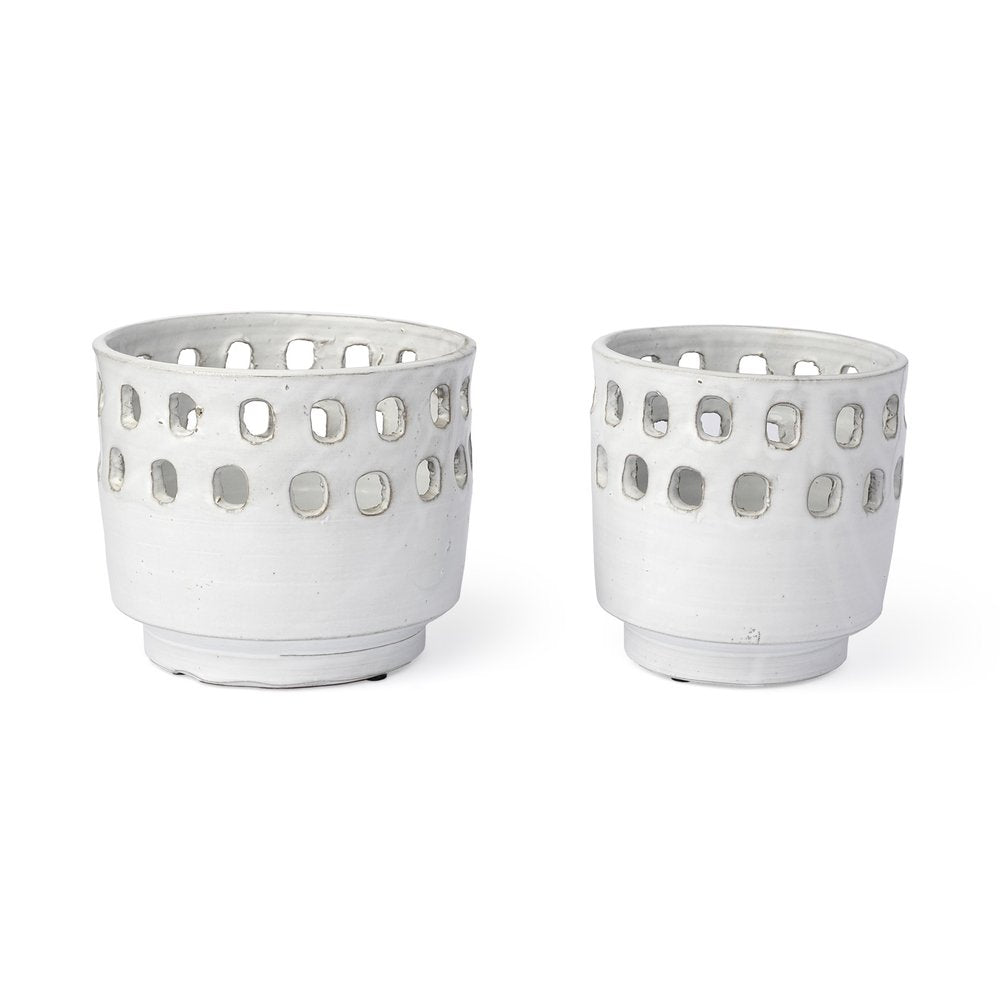 Set of Two White Abstract Cylinder Ceramic Table Vase