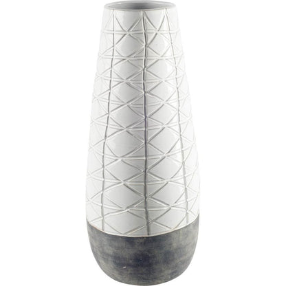 21" Gray And White Abstract Cylinder Ceramic Table Vase