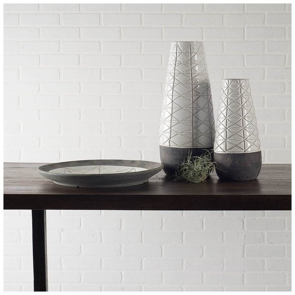 21" Gray And White Abstract Cylinder Ceramic Table Vase