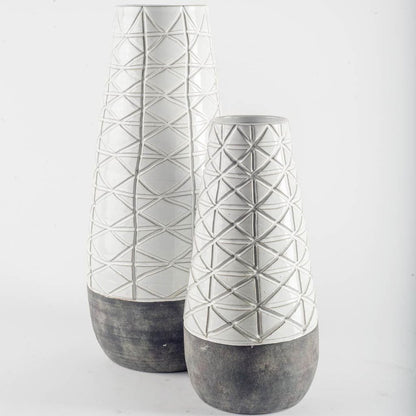 21" Gray And White Abstract Cylinder Ceramic Table Vase