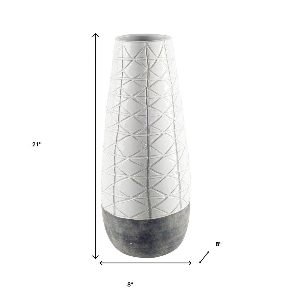 21" Gray And White Abstract Cylinder Ceramic Table Vase