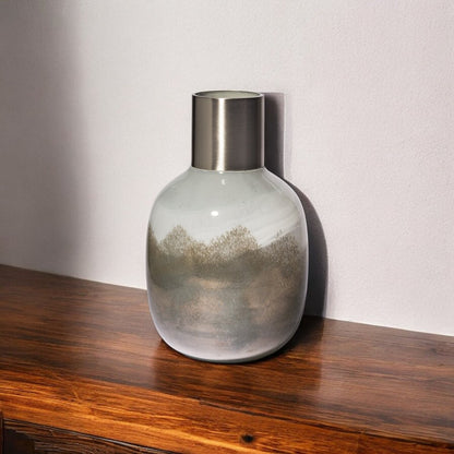 13" Bronze And White Ombre Glass Cylinder Table Vase