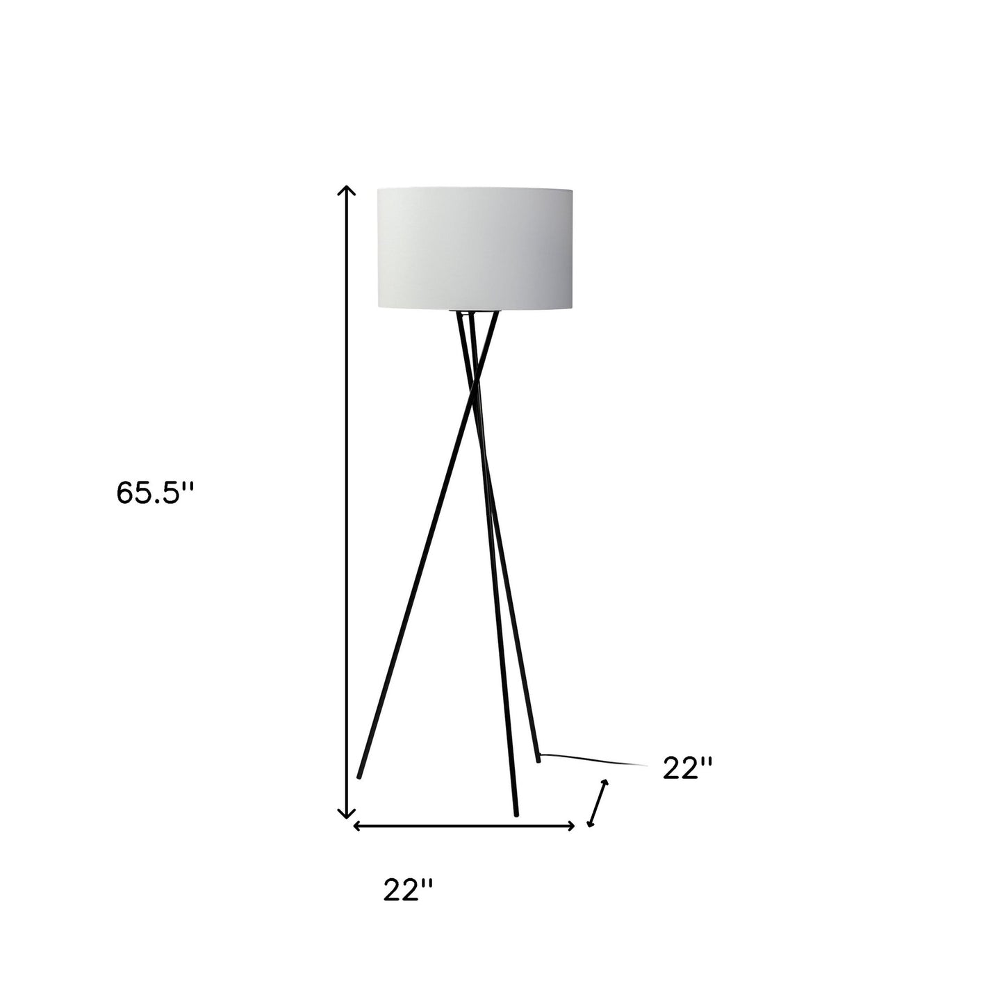 66" Black Tripod Floor Lamp With White Fabric Drum Shade