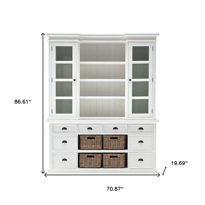 87" White Wood Bookcase with Glass Doors Drawers and Baskets