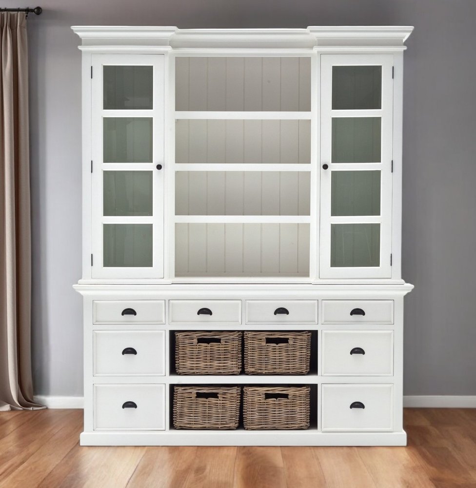 87" White Wood Bookcase with Glass Doors Drawers and Baskets