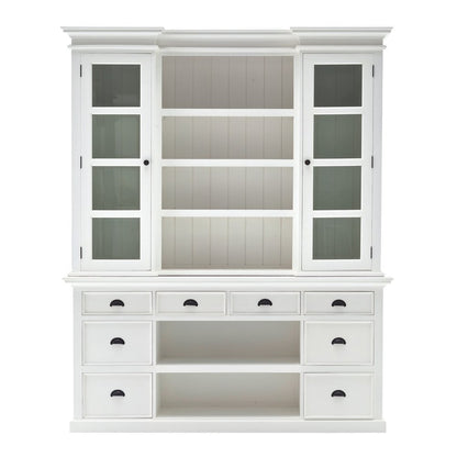 87" White Wood Bookcase with Glass Doors Drawers and Baskets
