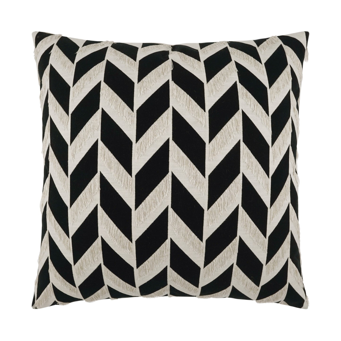 Decorative square pillow with black and natural beige chevron zigzag pattern.