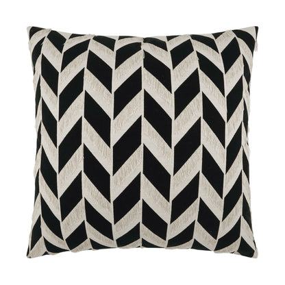 Decorative square pillow with black and natural beige chevron zigzag pattern.
