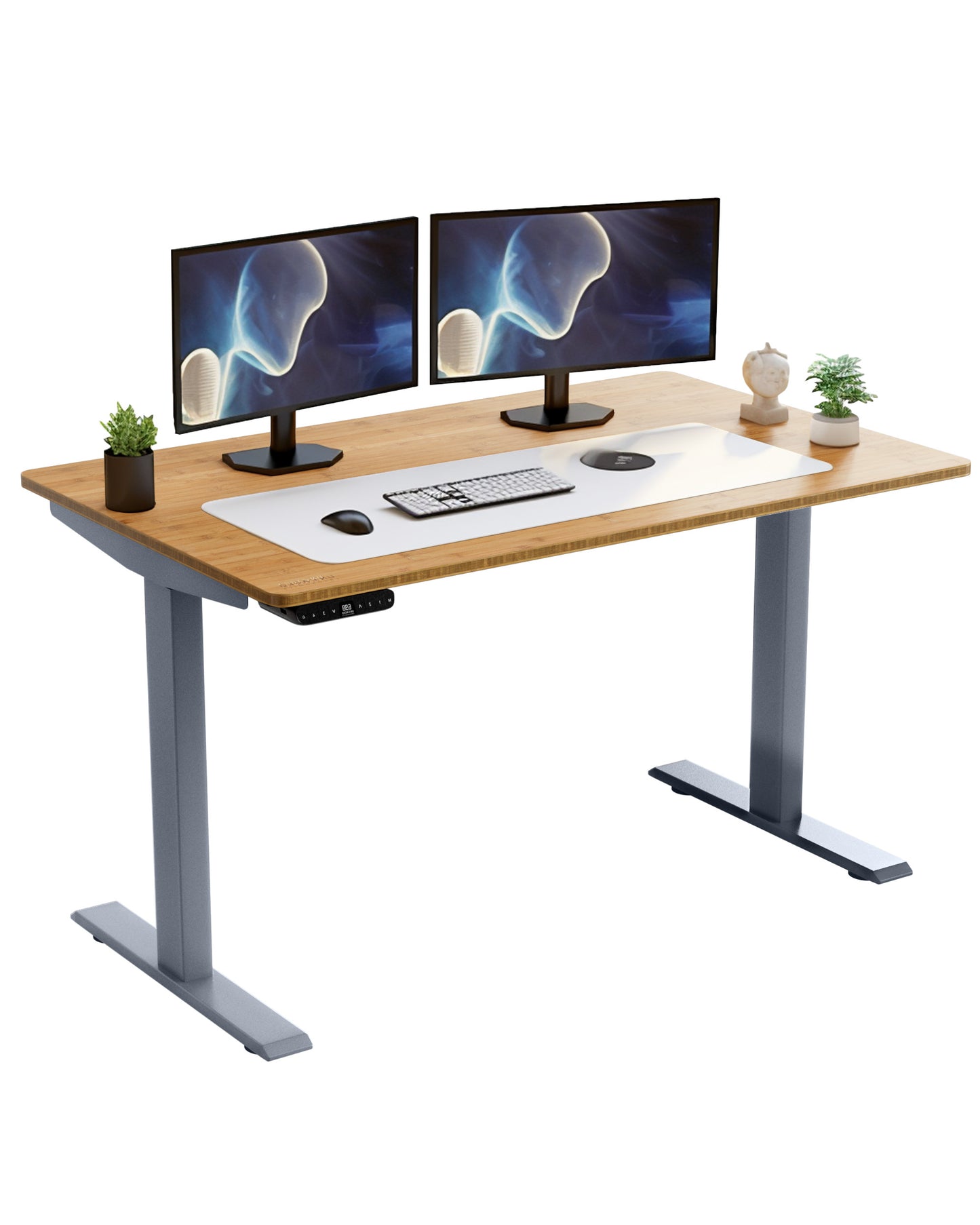 Gray and Natural Bamboo Dual Motor Electric Office Adjustable Computer Desk