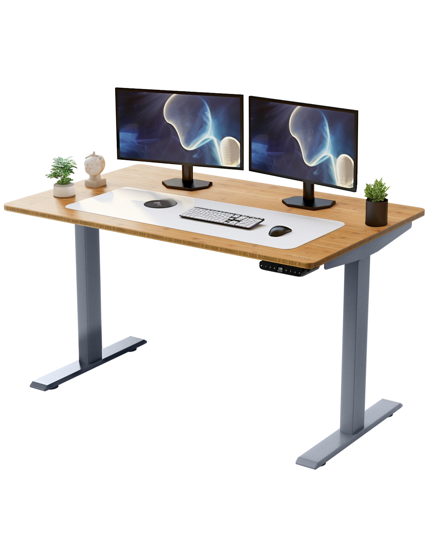 Gray and Natural Bamboo 52" Dual Motor Electric Office Adjustable Computer Desk