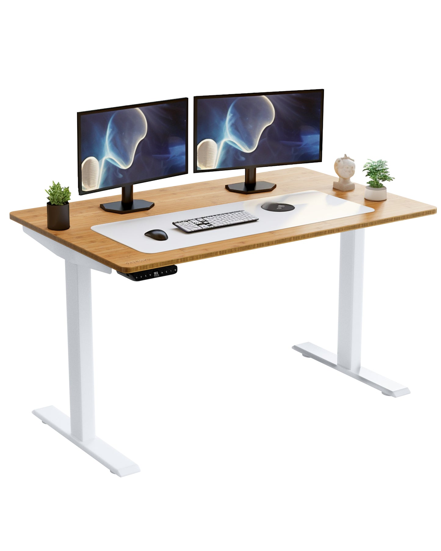 White and Natural Bamboo 52" Dual Motor Electric Office Adjustable Computer Desk