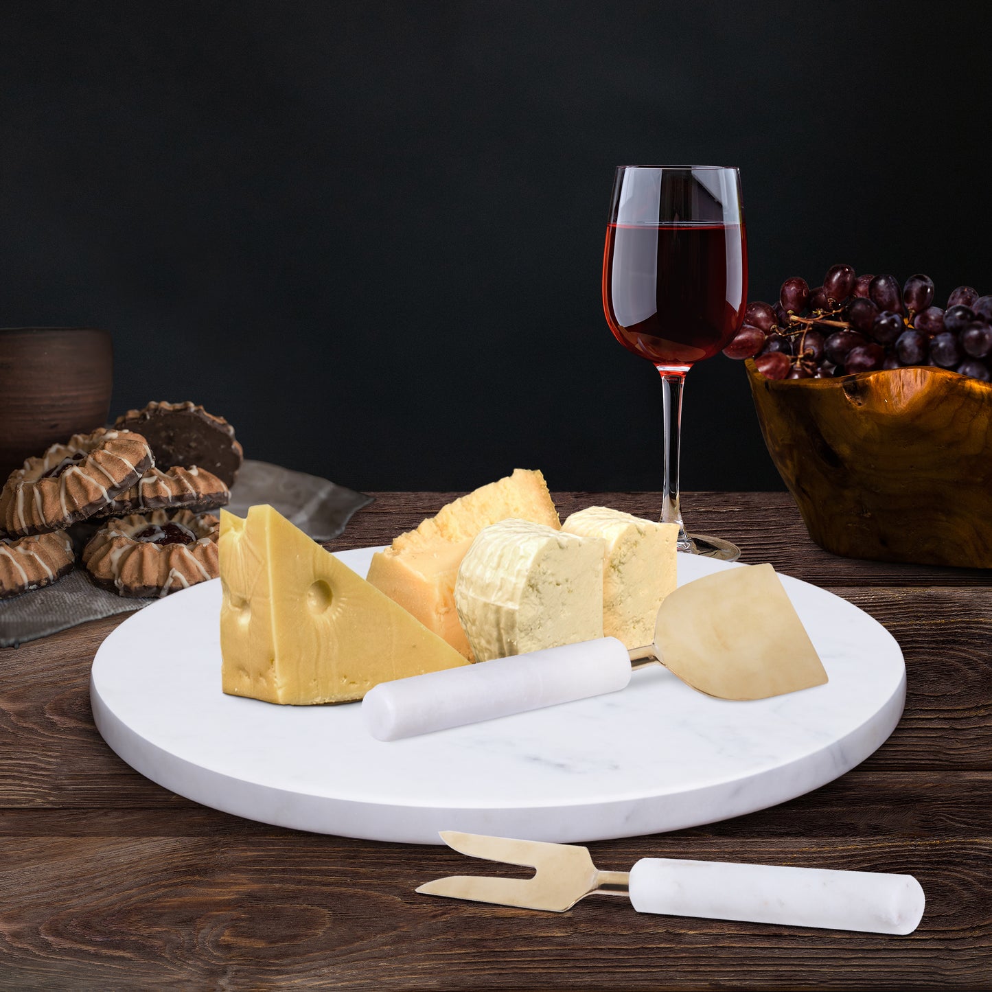 12" White Round Marble Cheese Board With Gold Cheese Knives